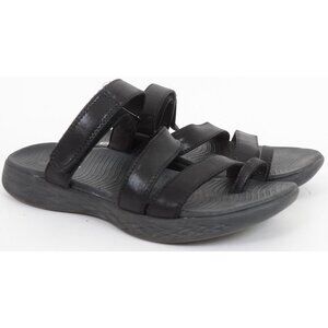 Bzees Joyride Women 10 WIDE Black Strappy Toe Loop Slide Sandals Hook & Loop